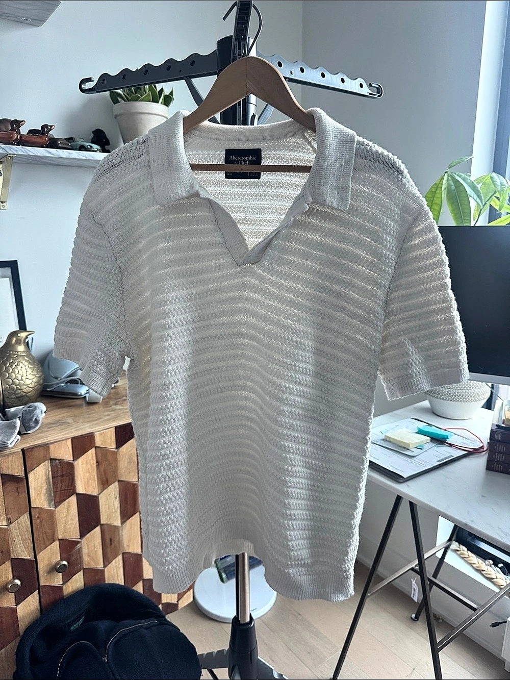 Abercrombie & Fitch Textural Johnny Collar Sweater Polo White